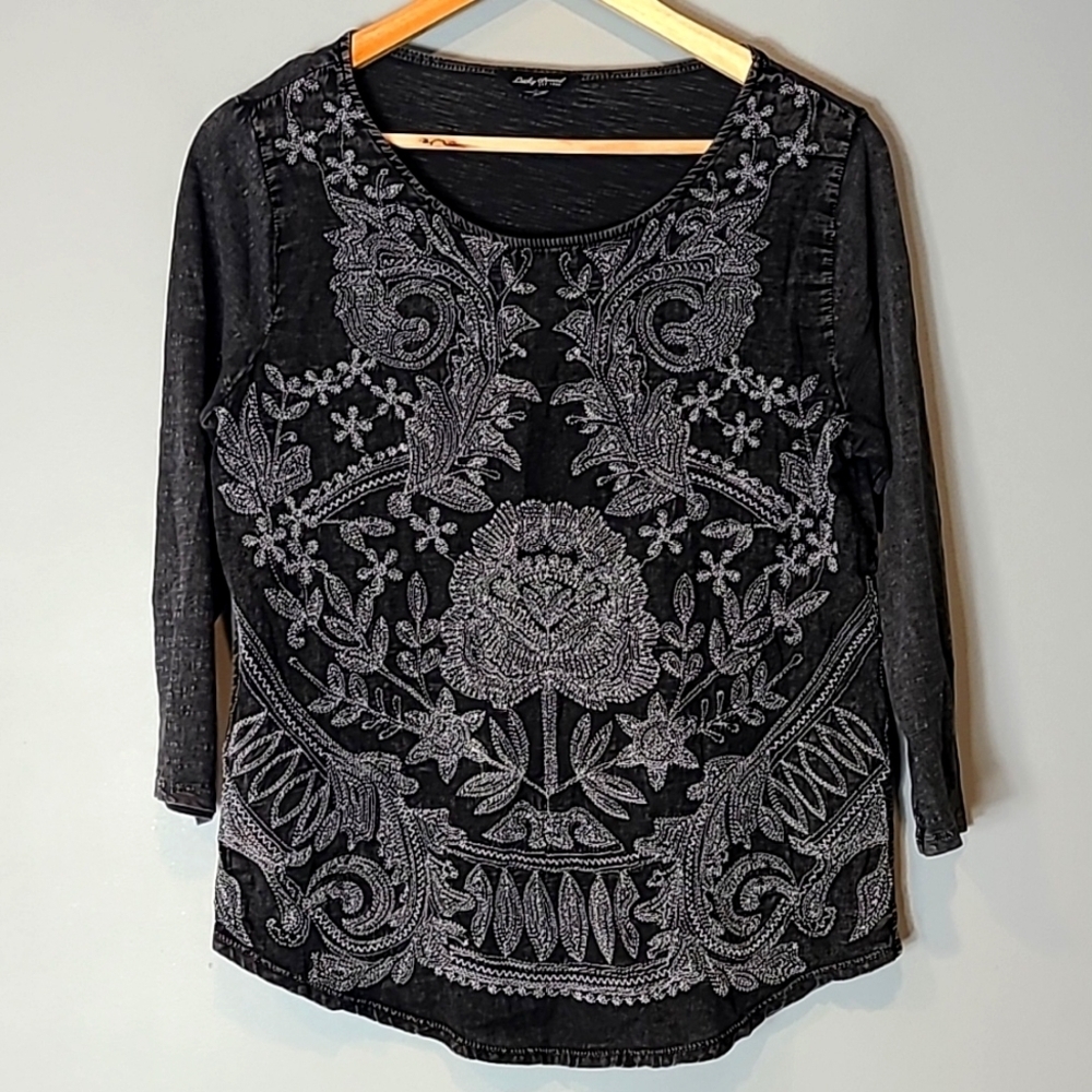Lucky Brand Black Blouse with Gray Embroidery